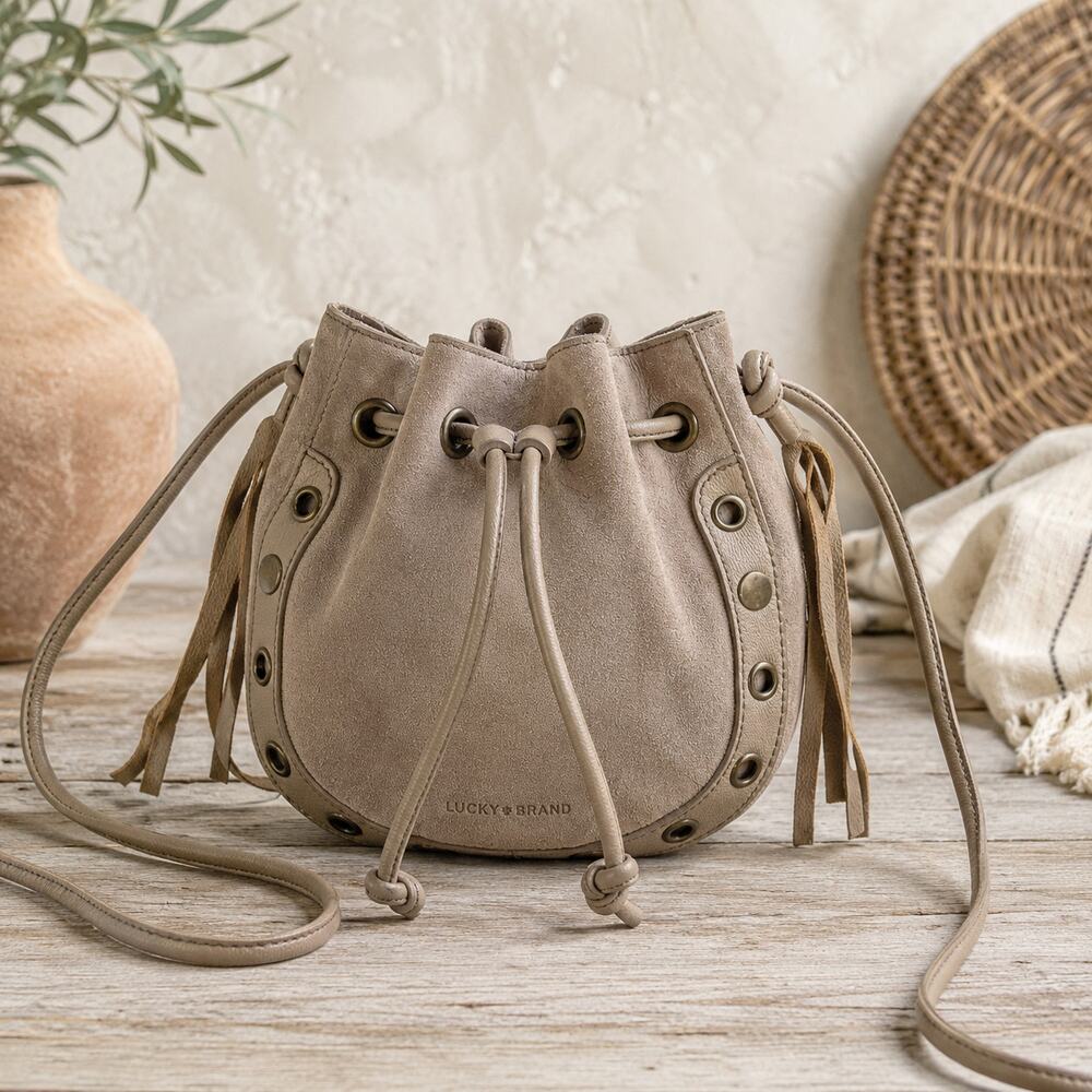 Lucky Brand Taupe Suede Mini Bucket Crossbody | Boho Leather Drawstring Bag